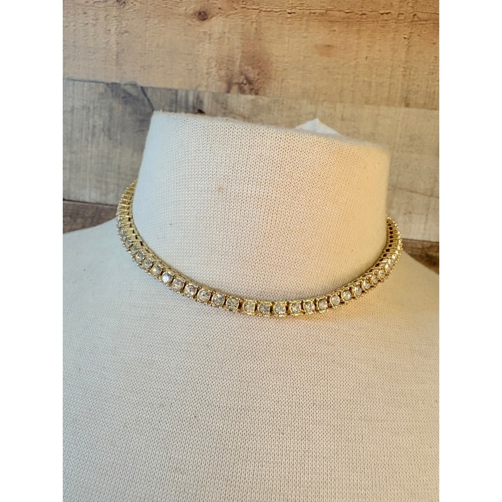 Gold Tone Clear Crystal Tennis Choker Necklace Round Cut 16 Inch Classic Glam